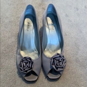 Vaneli silver/grey open toe satin heels